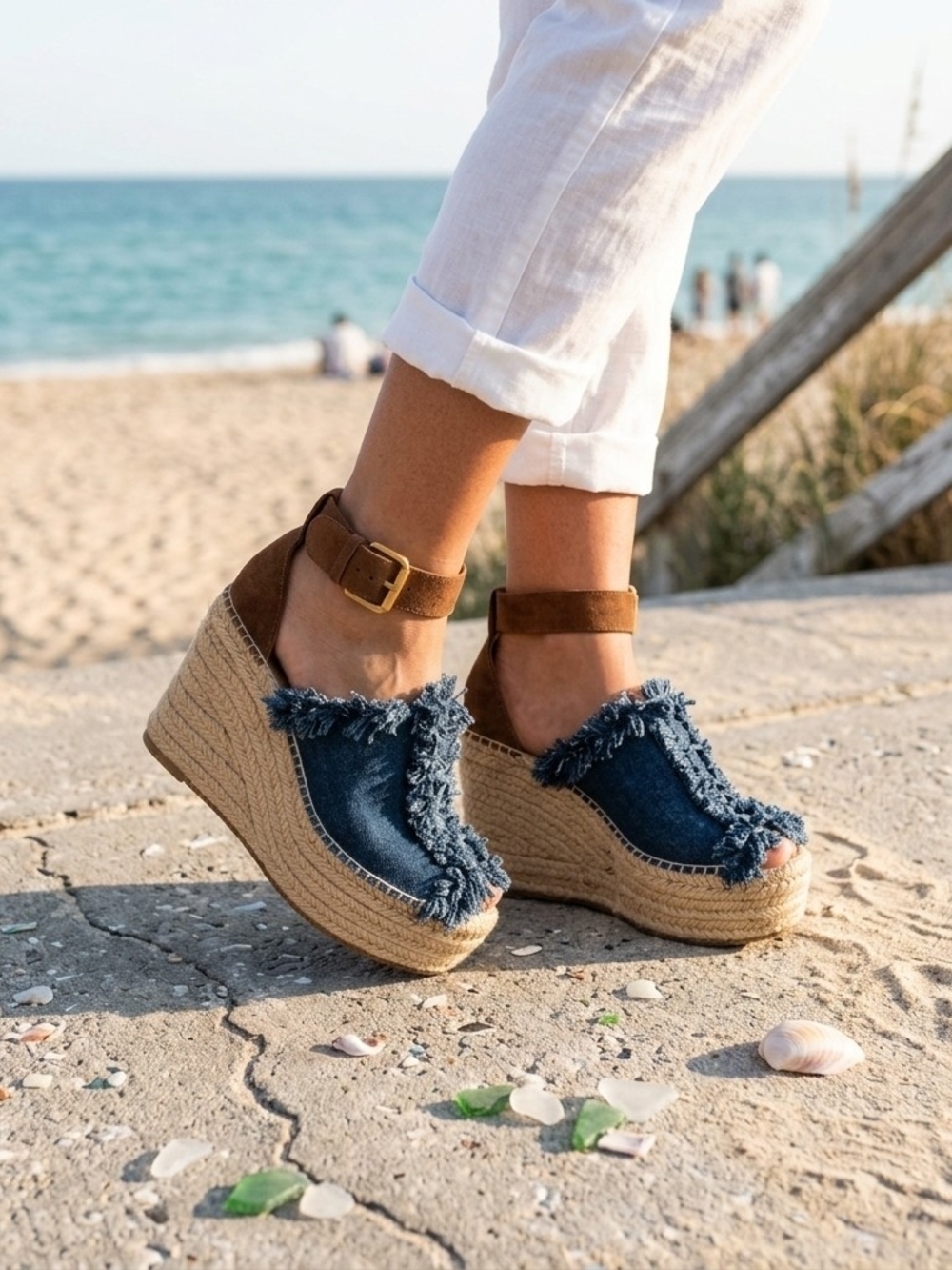 Chloé Frayed Denim& Suede Espadrille Wedge Sandals Blue Brown Platform Sz:35/US5